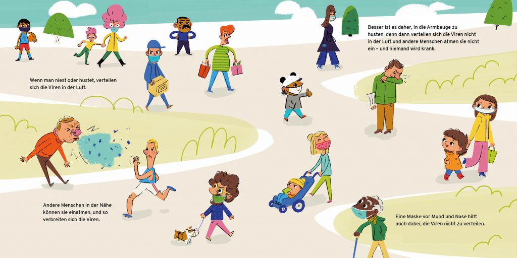Abbildung aus dem Kinderbuch: Menschen im Park, joggend, in die Ellenbeuge nießend, Eltern gehen mit Kindern spazieren.