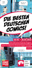Titelabbildung CCH-Flyer, Sprechblase "Die besten deutschen Comics" mit einem Bildausschnitt aus dem Comic "Der Umfall" von Mikael Ross